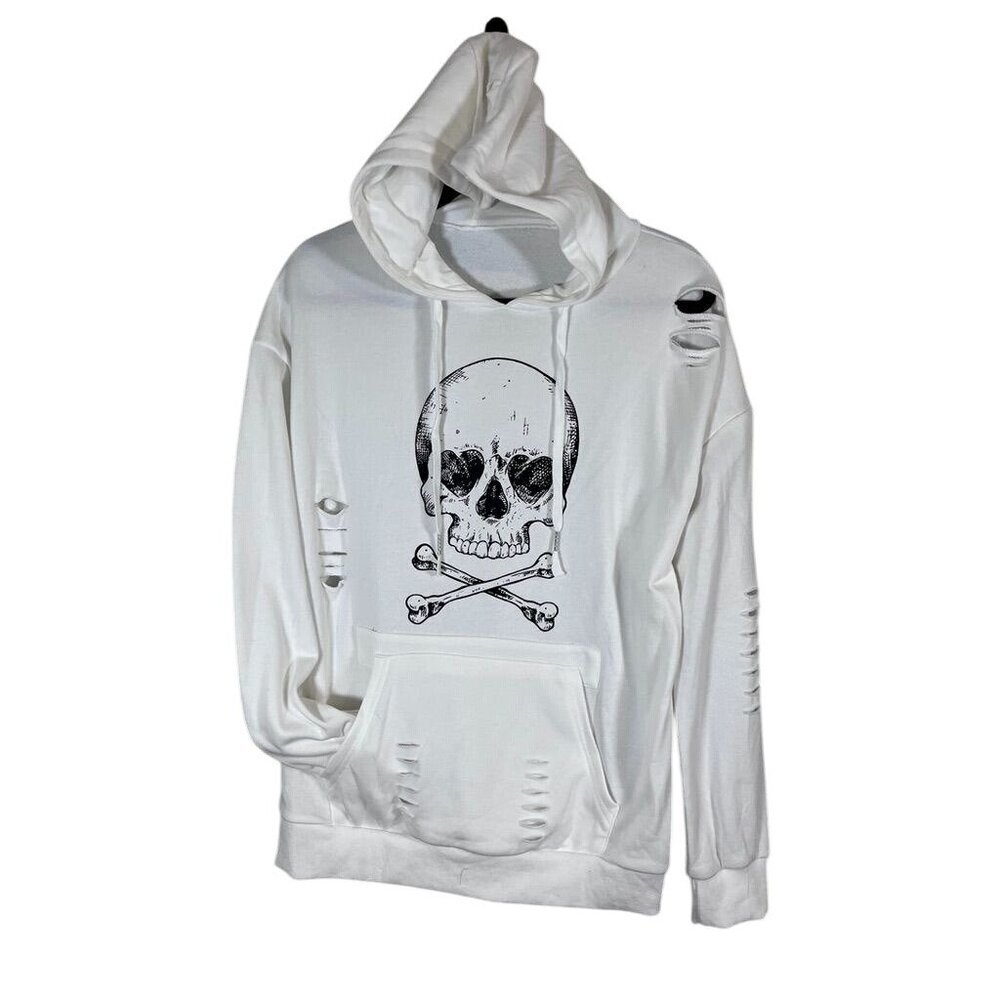 Skull Hoodie M White Distressed Graphic Grunge Gothic Punk Edgy Streetwear Retro